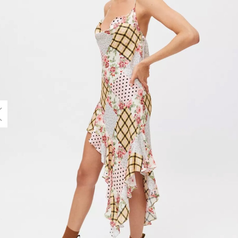 For Love and Lemons Marissa Polka Dot Patchwork Print Satin Mini Dress